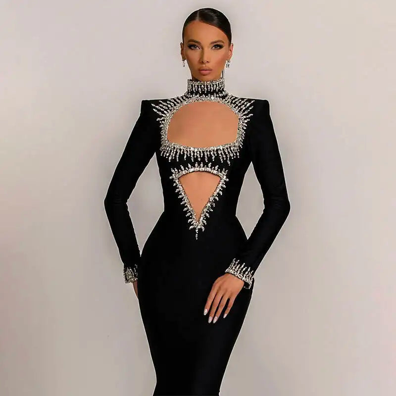 Winter Style Women Long Sleeve Sexy Mesh Sparkly Crystal Bodycon Long Bandage Dress Fashion Celebrate Evening Party Dress