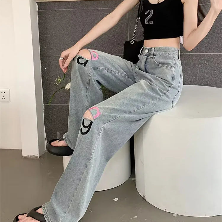 Y2K American Retro Gothic High Waist Perforated Women's Summer New High Street Loose Letter Embroidered Wide Legs