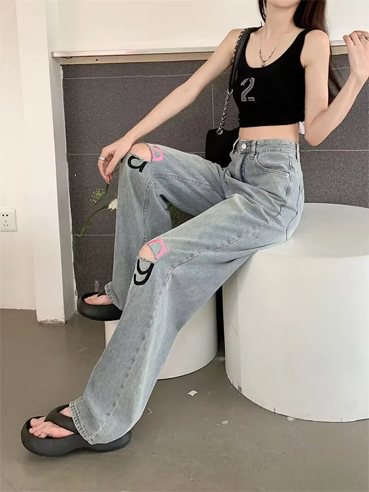 Y2K American Retro Gothic High Waist Perforated Women's Summer New High Street Loose Letter Embroidered Wide Legs