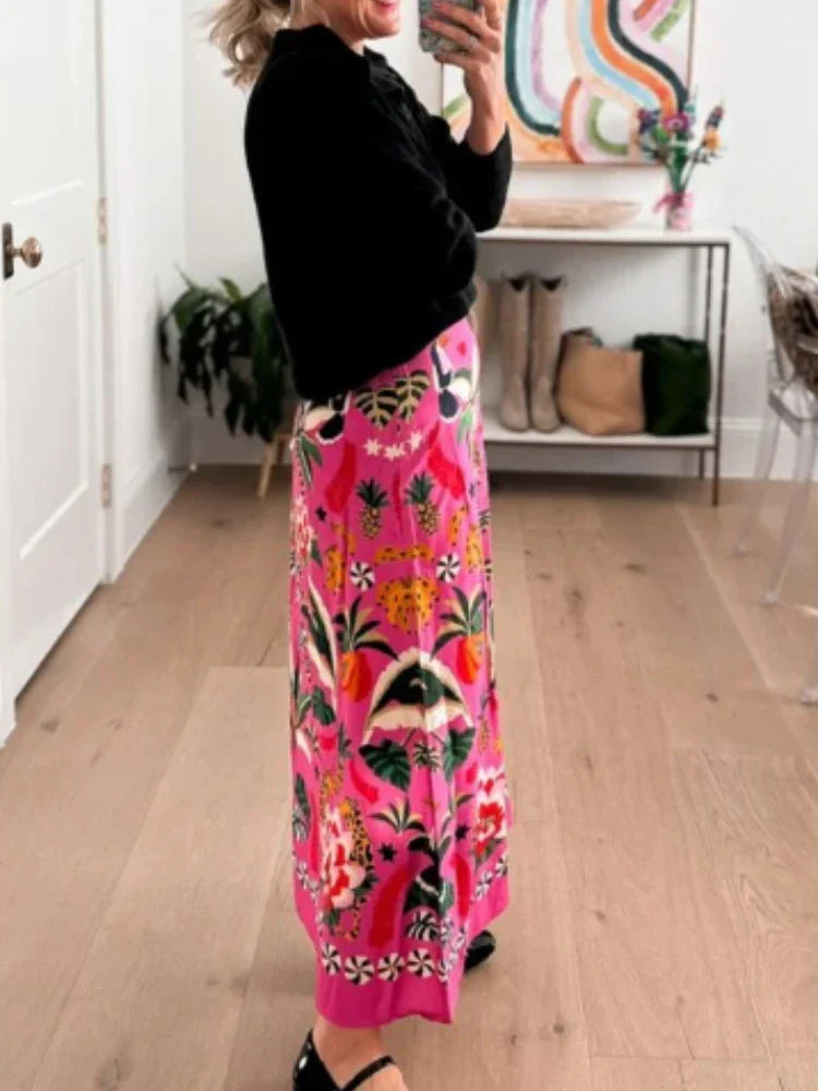 Spring/Summer New Street Tropical Plant Print Retro Half Skirt Women's Elegant Lower Half Colored Printed Half Skirt