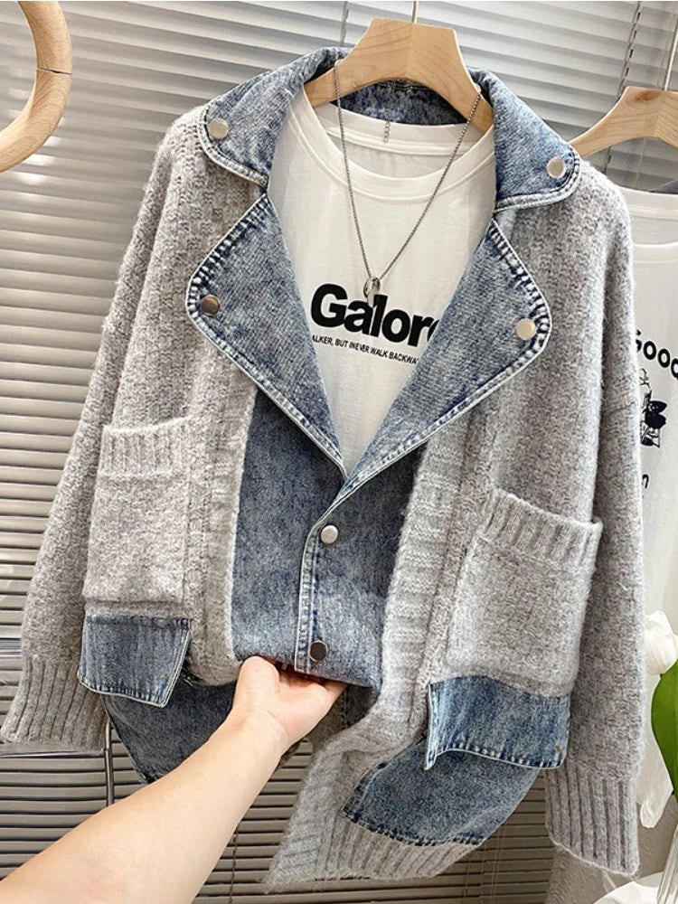 Jackets Autumn Winter New Loose and Lazy Style Thickened Sweater Cardigan Top Fashion Personalized Combination Denim Coat Women GRAY