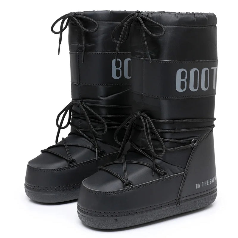 Winter Snow Boots Women Brand Design Lace-up Platform Mid-calf Waterproof Ski Boots Female Pink Black White Cotton Boots full black