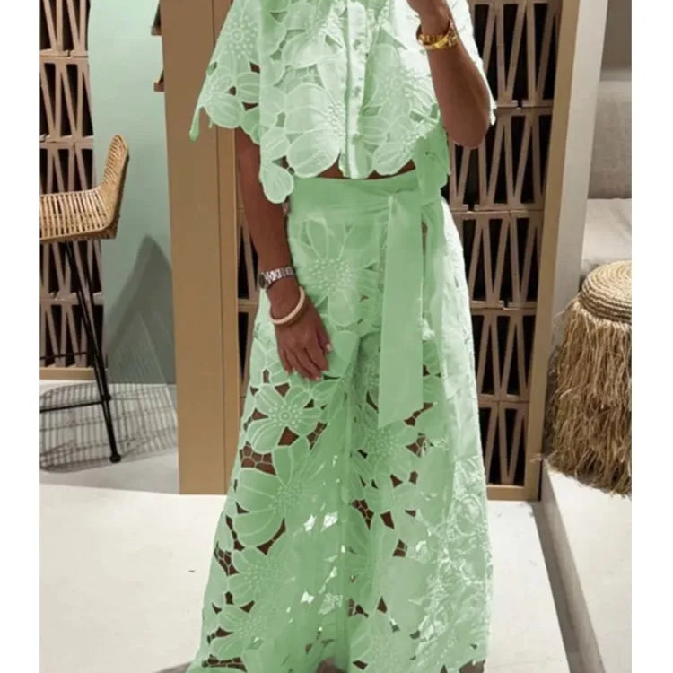 Sexy Lapel Single-breasted Shirt Top + Wide-leg Pants 2-piece Set Women Fashion Solid Color Elegant Casual Hollow Suit Female