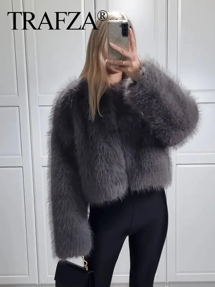 Winter New Fashion Female O-Neck Vintage Long Sleeve Loose Streetwear Top Woman Artificial Fur Effect Jacket Coats