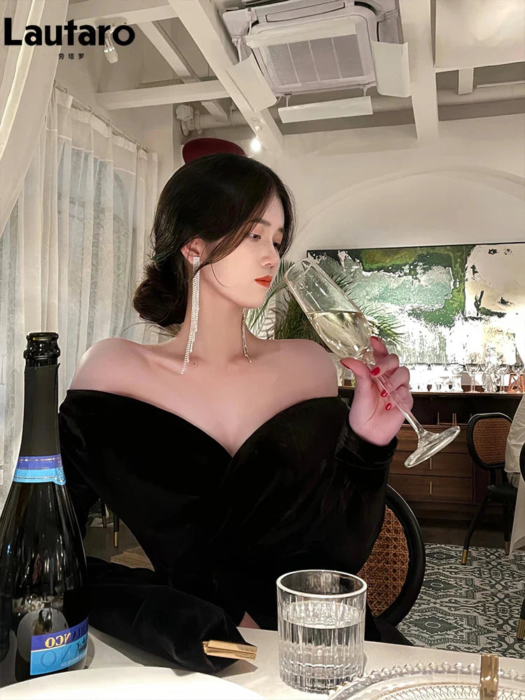 Spring Long Sexy Black Stretchy Fitted Birthday Party Evening Dresses for Women Luxury Elegant Off the Shoulder Clothing