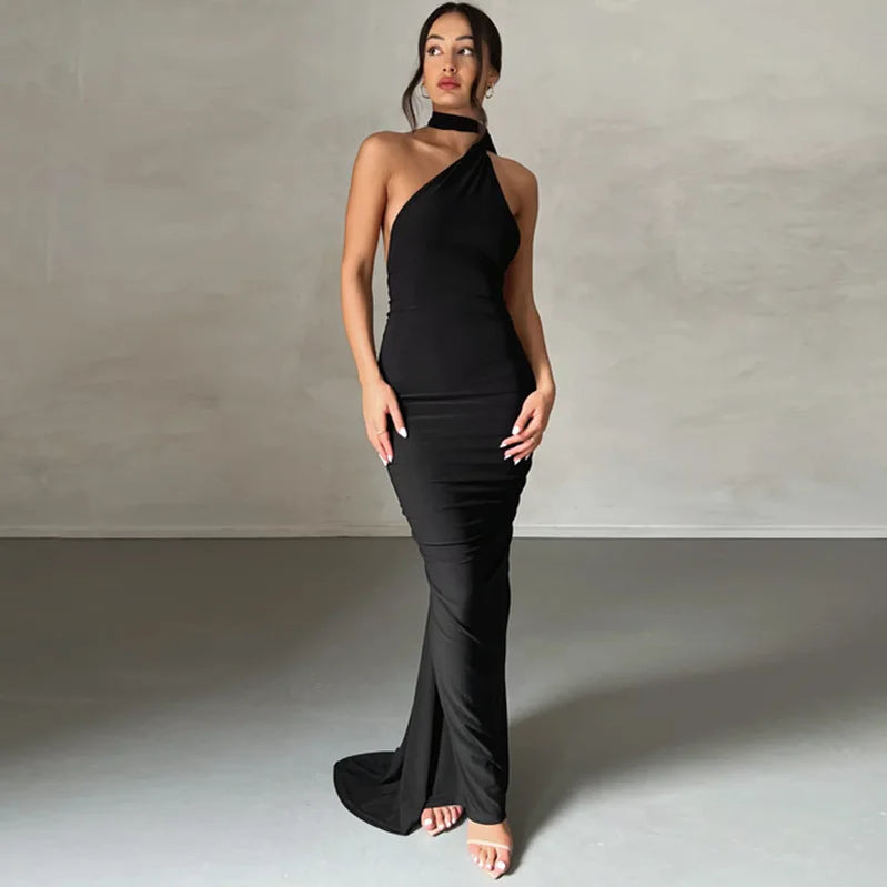2023 New Fashion Elegant Maxi Dress for Women Sexy One Shoulder Bodycon Slim Pleated Solid Backless Dresses Party Club Clothes 2 black