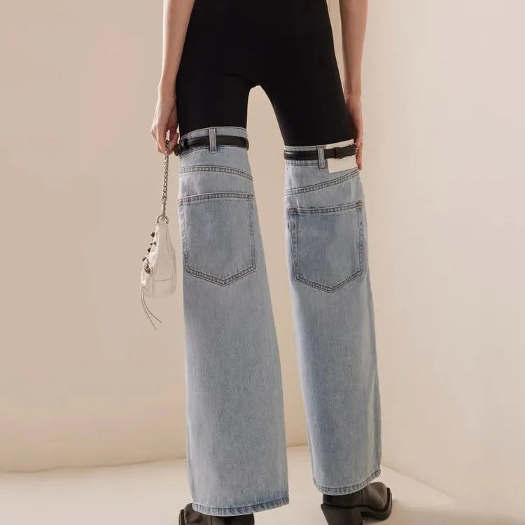 Hit Color Spliced Belt Jeans For Women High Waist Patchwork Pockets Slim Striaght Wide Leg Pant Female Fashion Style Clothes