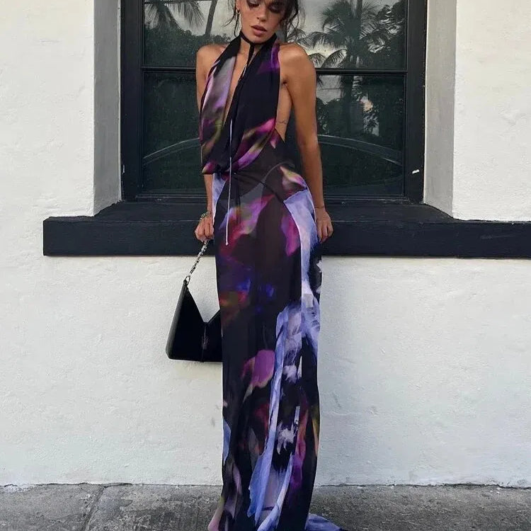 Women Summer Tie-dye Backless Long dress Beach Skirt Cover up Purple