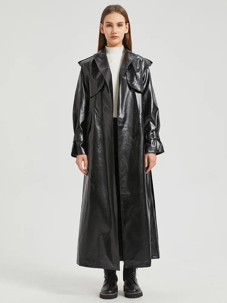 Autumn Extra Long Gold Shiny Patent Pu Leather Trench Coat for Women Single Breasted Luxury Designer Overcoat 2024