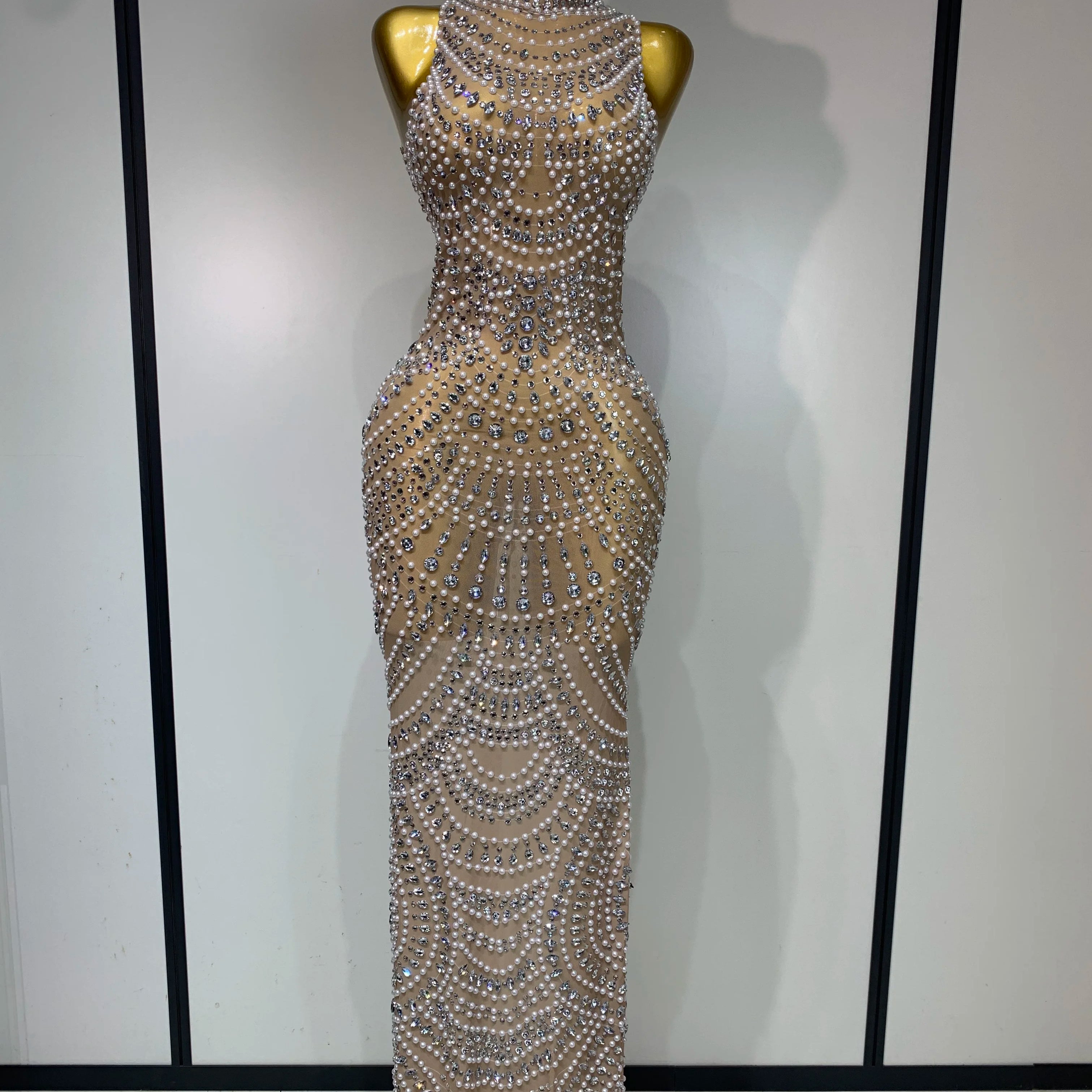 Elegant Sexy Sparkly Pearl Rhinestone Sleeveless Long Dress Women Birthday Party Evening Prom Wedding Luxury Photoshoot Outfits