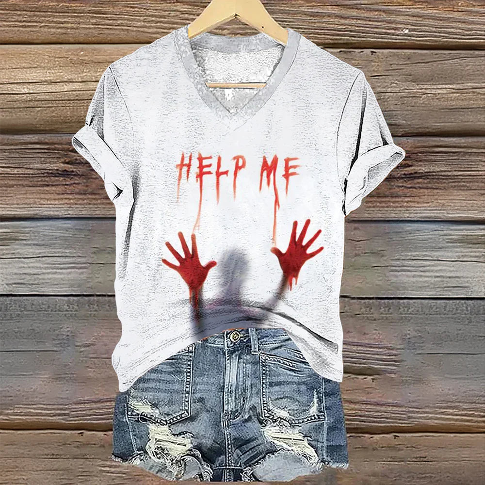 Vintage Women's T-shirt V-neck T-shirt Letter Printed Short Sleeve T-shirt Casual Loose Clothes Halloween Bloody T-shirt VAYJWH2024075R8