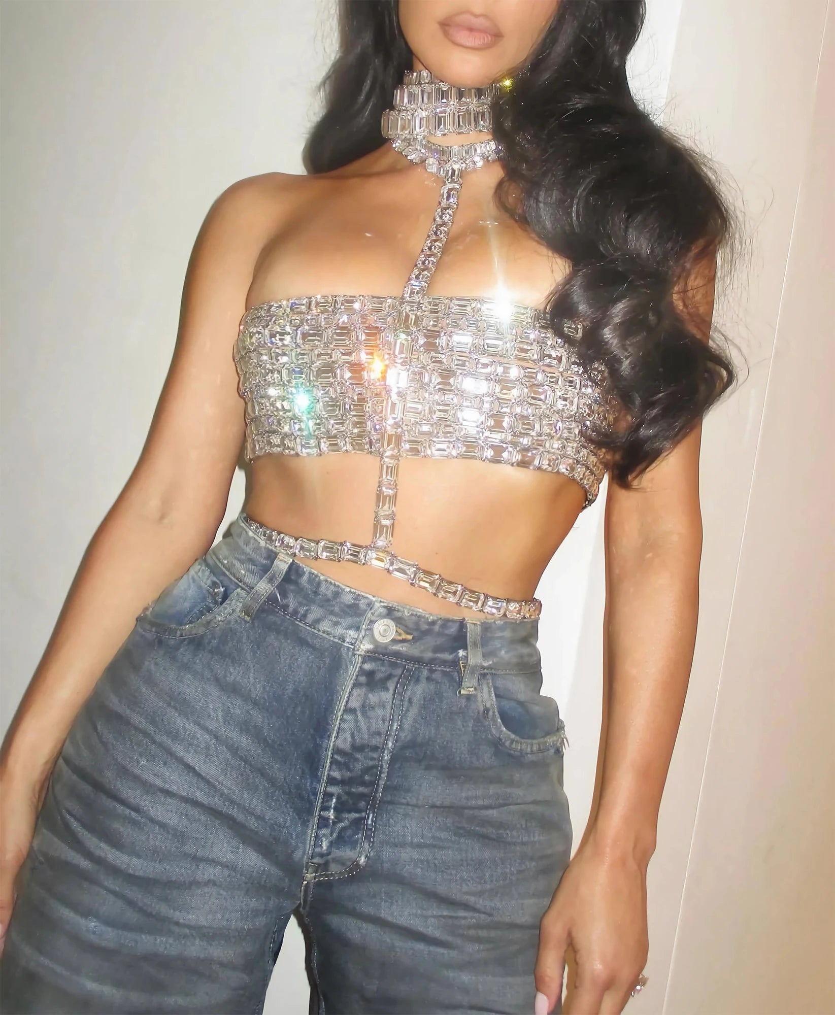 Sexy Shimmer Crystal Rhinestone Women Top Tee Sparkle and Style Bandage Tops Elegant A Chic Statement Piece for Party