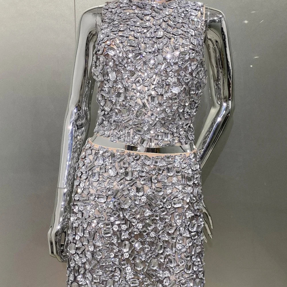 High Quality Sparkling Diamonds Sexy See Through Blackless Tank Top And  Skirt 2 Pieces Woman Set Birthday Party Vestido