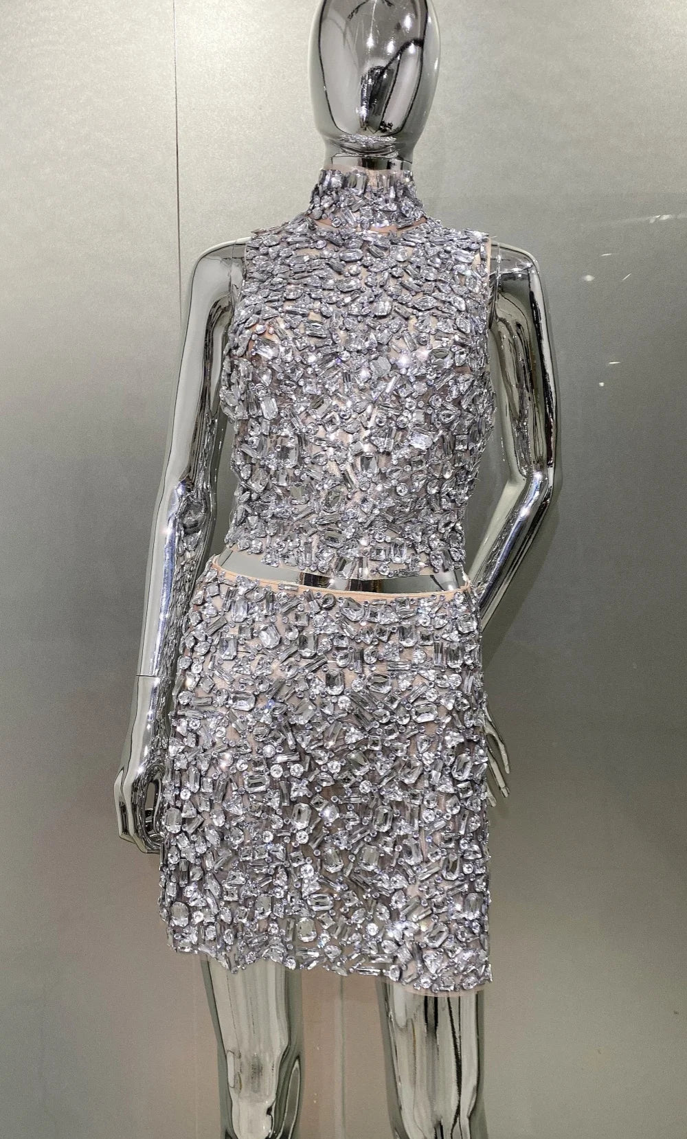 High Quality Sparkling Diamonds Sexy See Through Blackless Tank Top And  Skirt 2 Pieces Woman Set Birthday Party Vestido