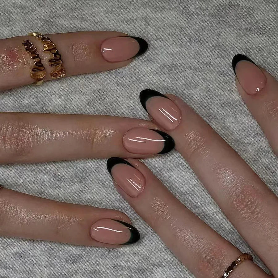 24Pcs Simple Almond Fake Nails Art with Glue Nude Color French Press on False Nails Black Stripes Design Wearable Oval Nail Tips