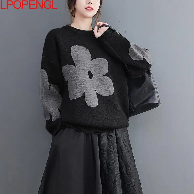 Women's Autumn And Winter Korean Bottoming Long Sleeves Flowers O-neck Pullover A-straight Vintage Sweater Trend Top