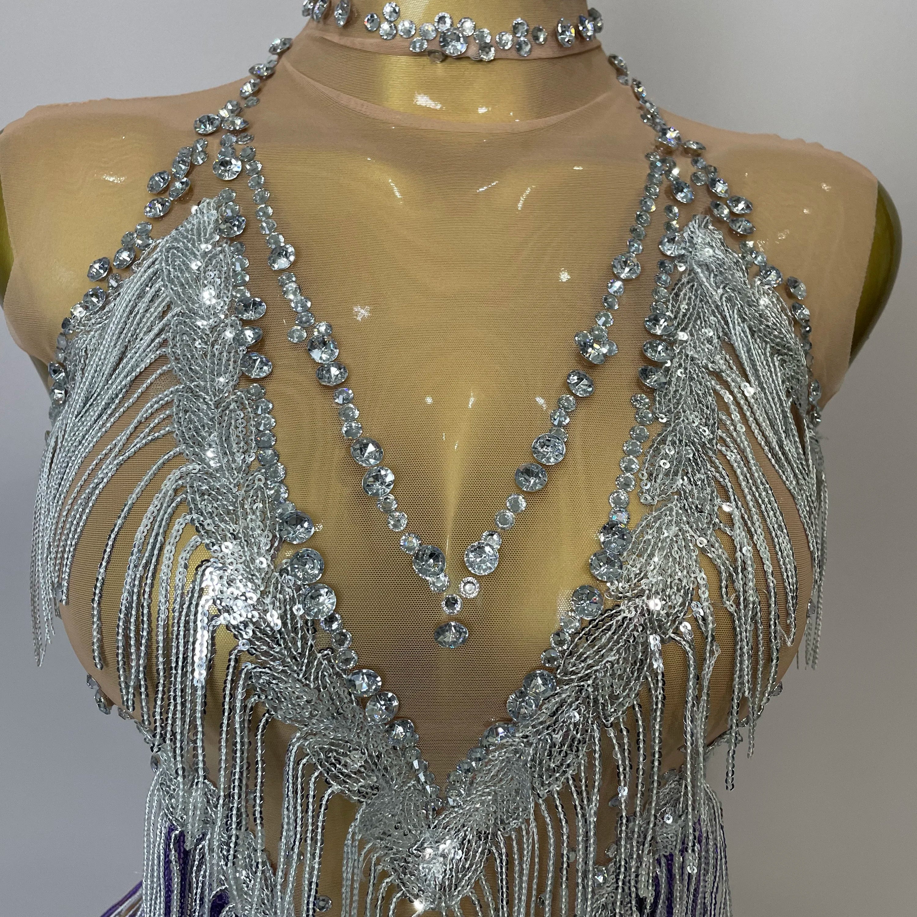Stock 2025 Women Sexy Stretch Mesh Sparkly Rhinestone Tassels Mini Dress Nightclub Singer Dance Stage Costume Evening Gowns