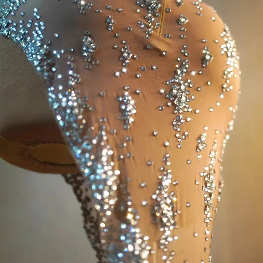 Nightclub Mini Dress Singer Stage Performance Wear Bar Party Asymmetrical Dress Sparkly Rhinestones Sleeveless Mesh Dress Xinghe