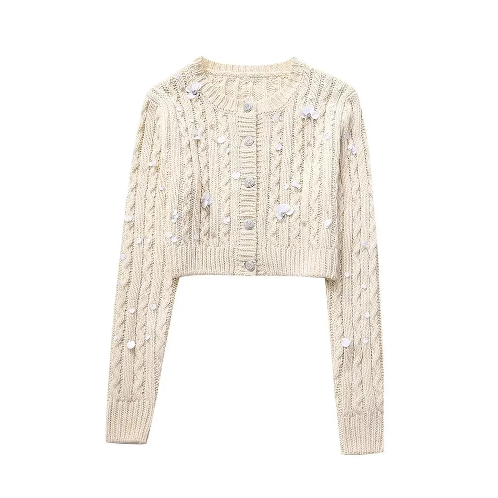Women Fashion With Beading Cropped Knit Cardigan Sweater Vintage Long Sleeve Front Button Female Outerwear Chic Tops L