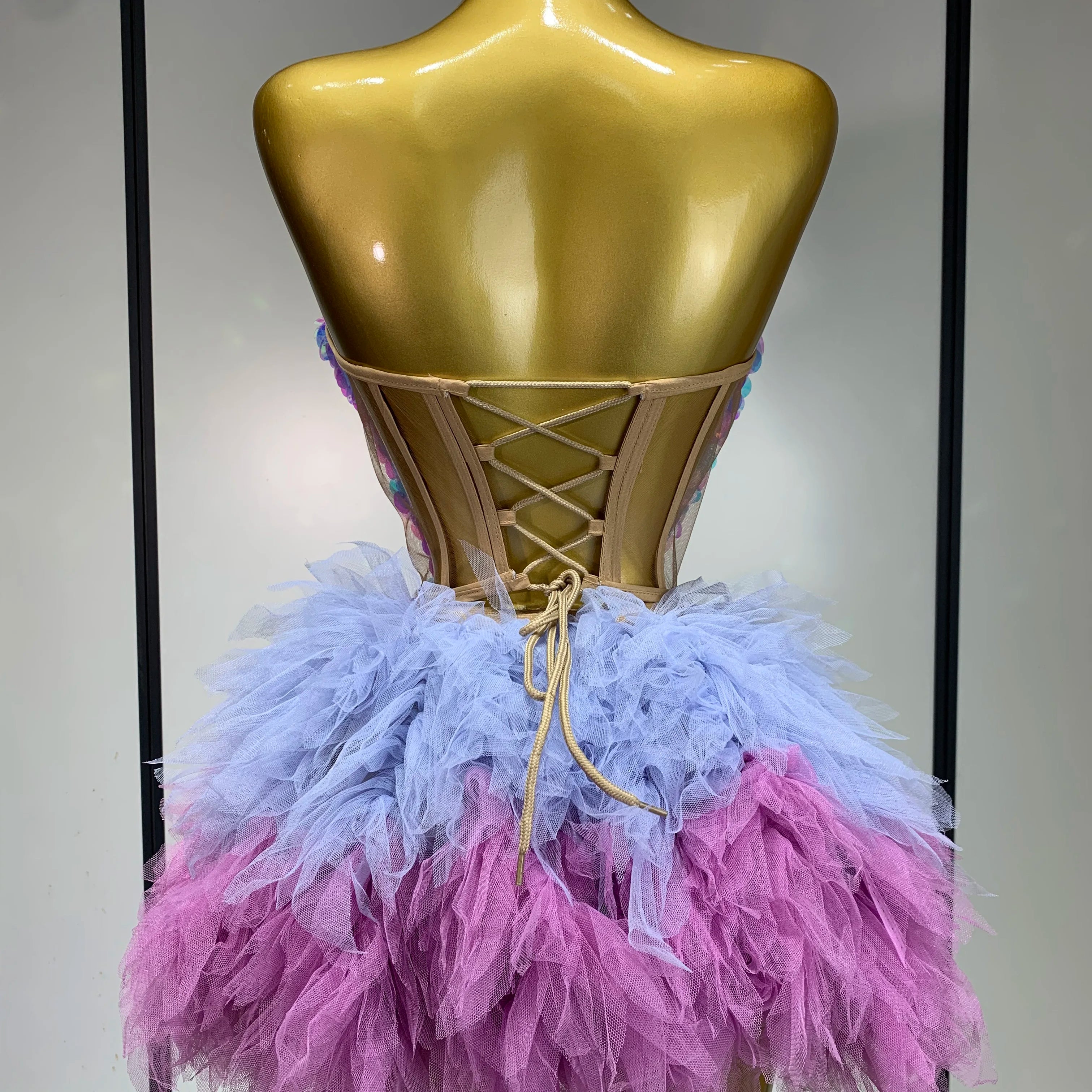 Sparkly Sequins Ruffles Two Pieces Set Sexy Backless Top Skirt Set Nightclub Performance Dance Dress Singer Stage Outfit