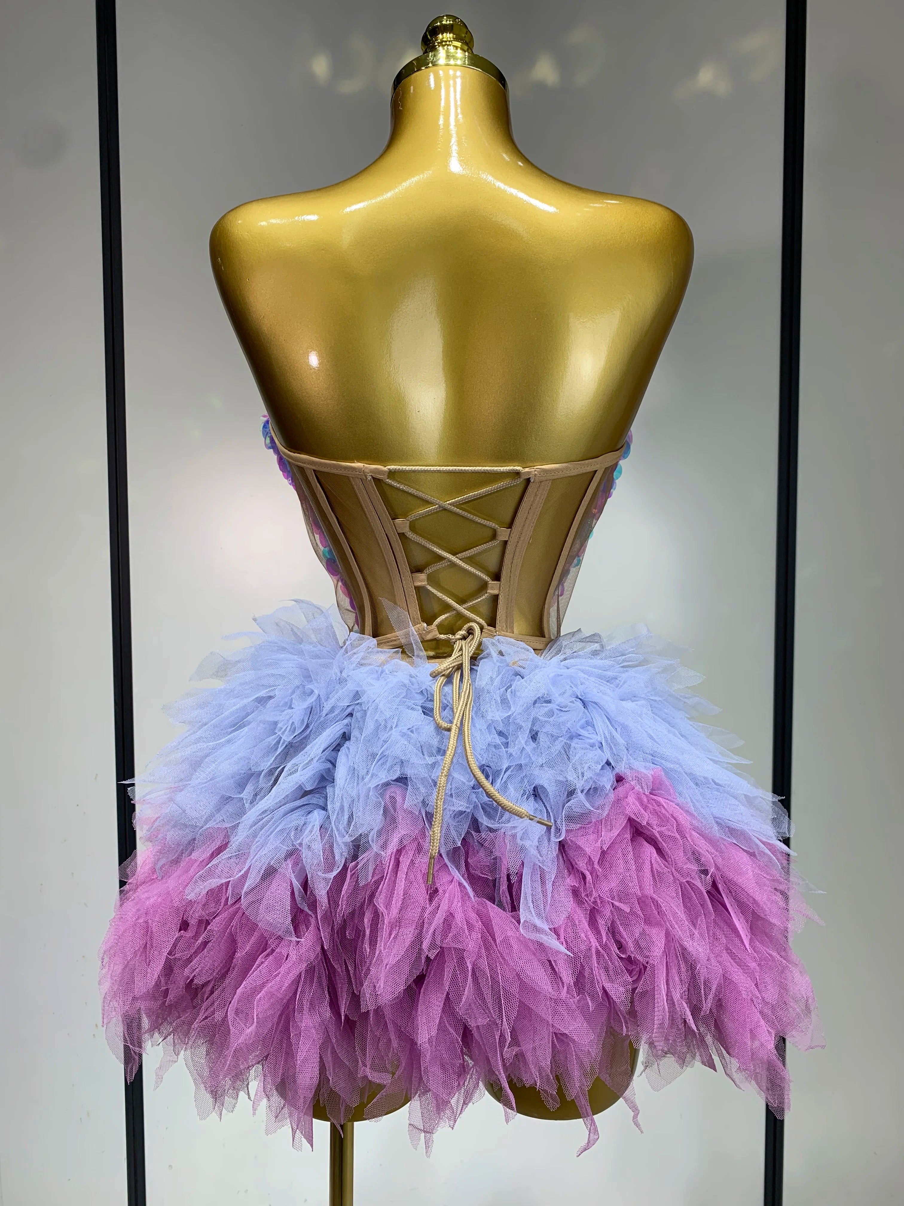 Sparkly Sequins Ruffles Two Pieces Set Sexy Backless Top Skirt Set Nightclub Performance Dance Dress Singer Stage Outfit