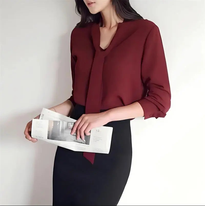 한국인 리뷰 많은 옷 Women Blouse Shirts Korean Fashion Office Autumn Long Sleeve Tie Bow Chiffon Turtleneck Formal Shirts