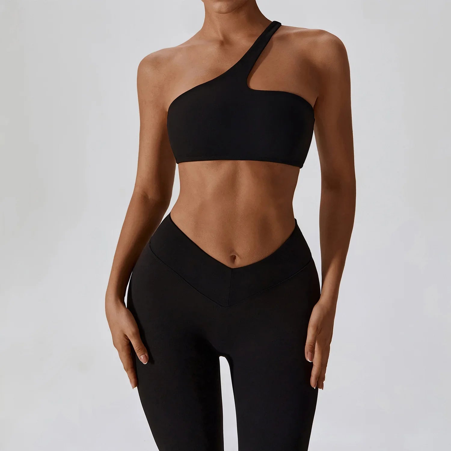 2 Piece Yoga Suit Women's Gym Fitness Push-up Clothes High Waist Leggings One Shoulder Sports Bra Workout Set Fitness Sportswear Advanced Black CHINA