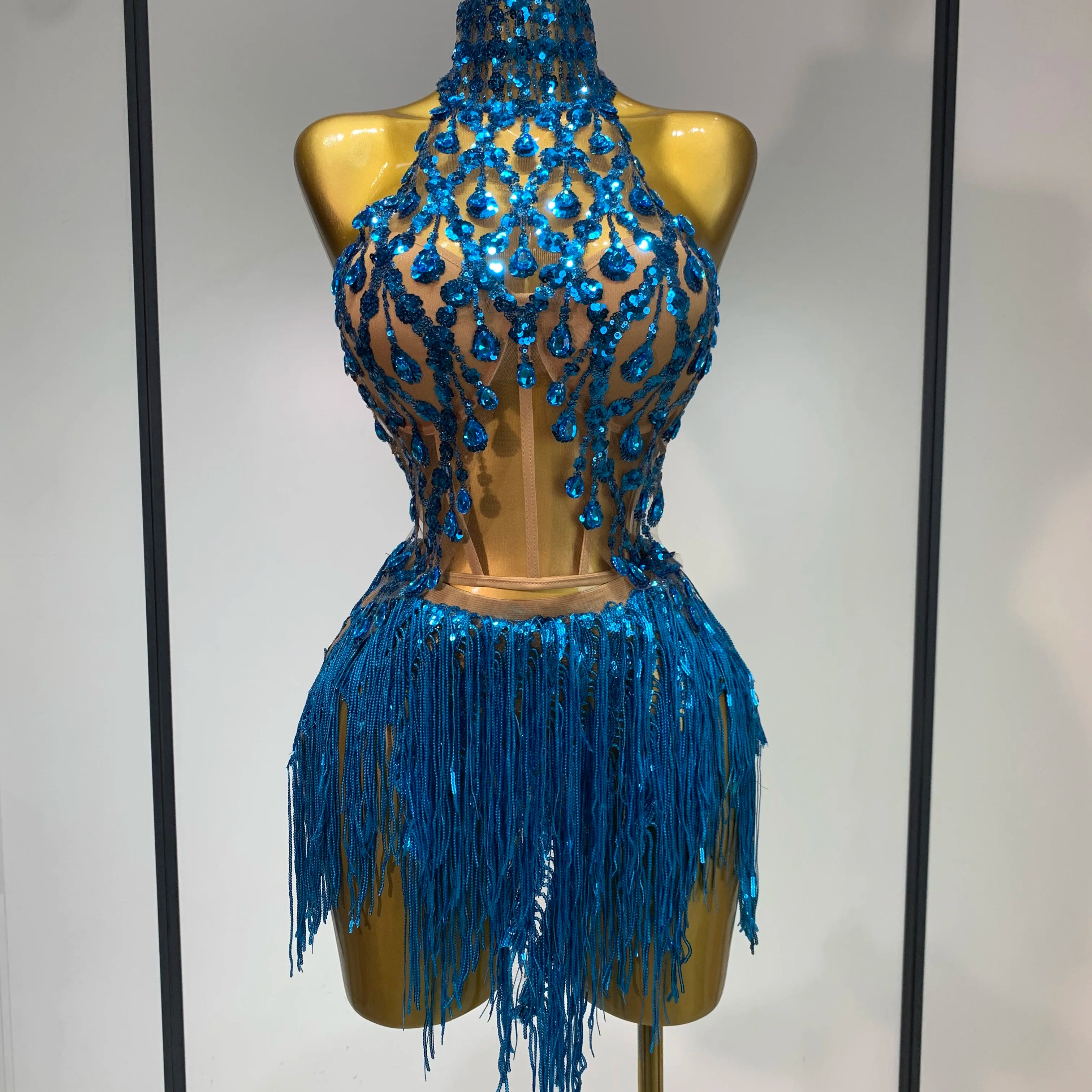 Women Sexy Shinning Rhinestone Tassels Two Pieces Set Nightclub Evening Party Birthday Bar Dancer Performance Stage Costume