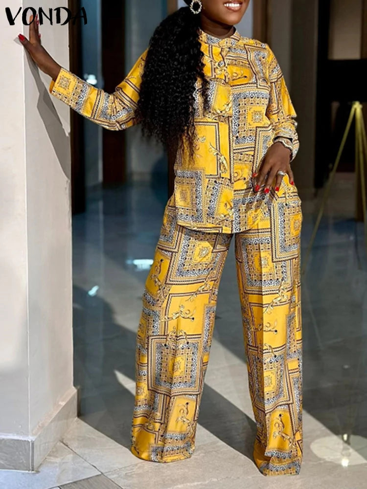 Plus Size VONDA Women Elegant Pant Sets 2025 Long Sleeve Printed Tops and Long Trousers Casual Streetwear Matching Sets
