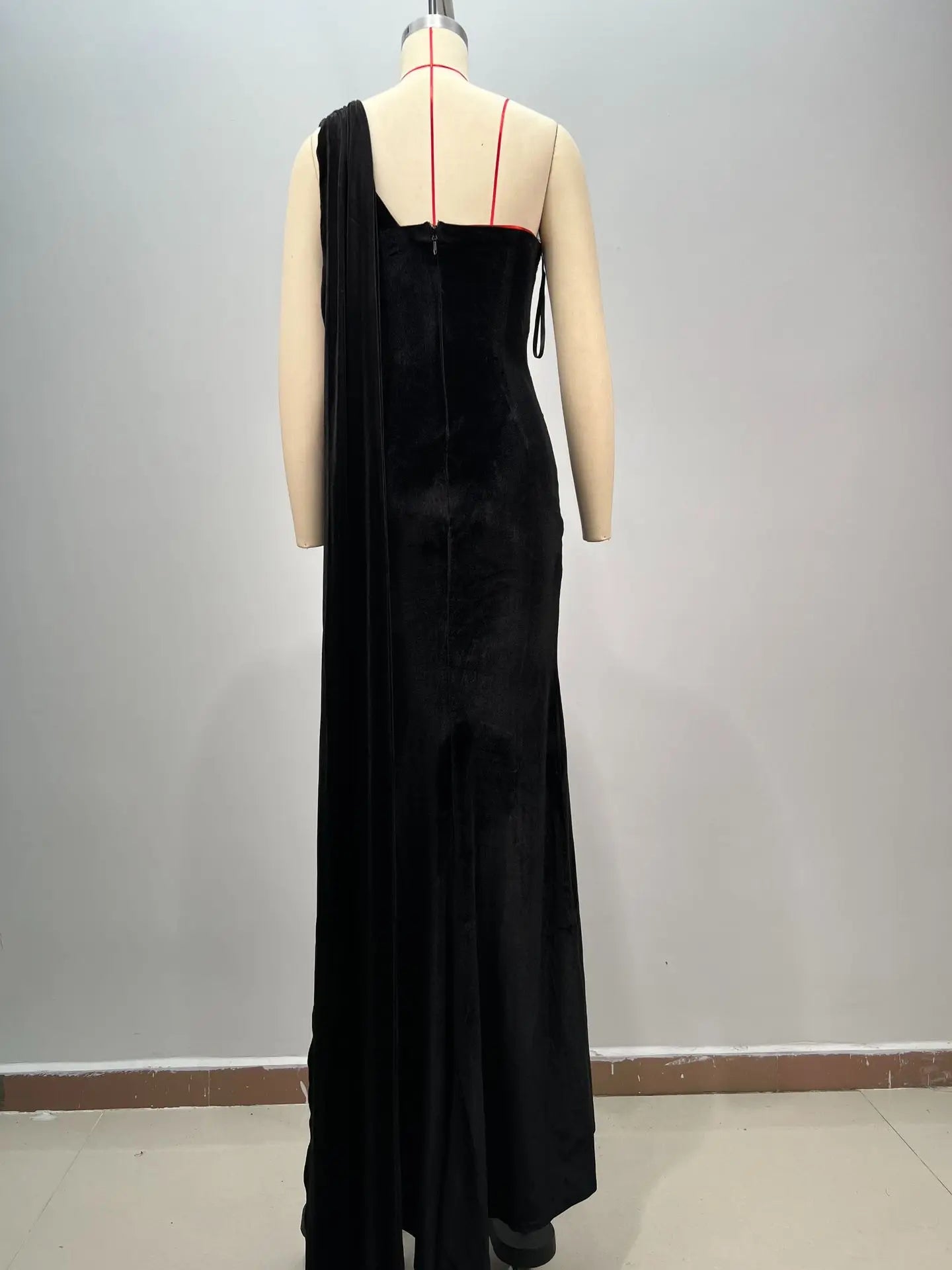 Luxury Diammonds High Slit One Shoulder Long Ribbon Velvet Strapless Floor Length Dress Celebrity Party Dress Birthday Vestido