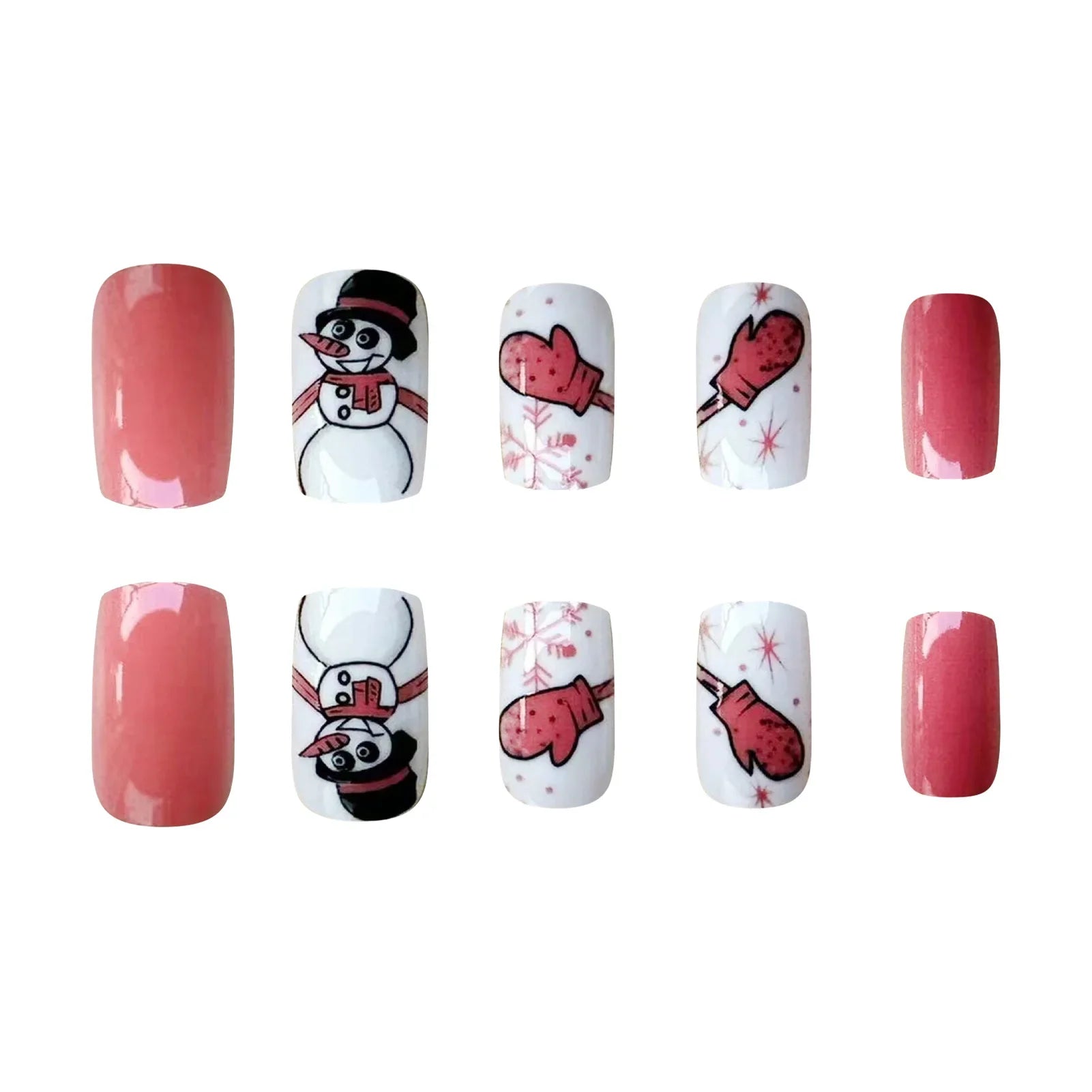 Short Square Fake Nails for Christmas Party 24Pcs White/Pink Press On Nails Snowman/Snowflake Printed Stick-on False Nails