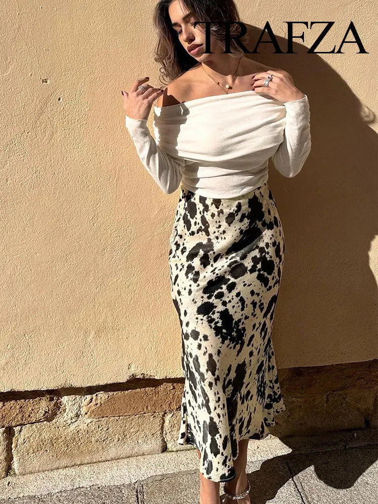TRAFZA Spring Women Fashion Skirts Trend Printing Slim Long Skirt Woman With Folds Versatile High Street Female Skirts