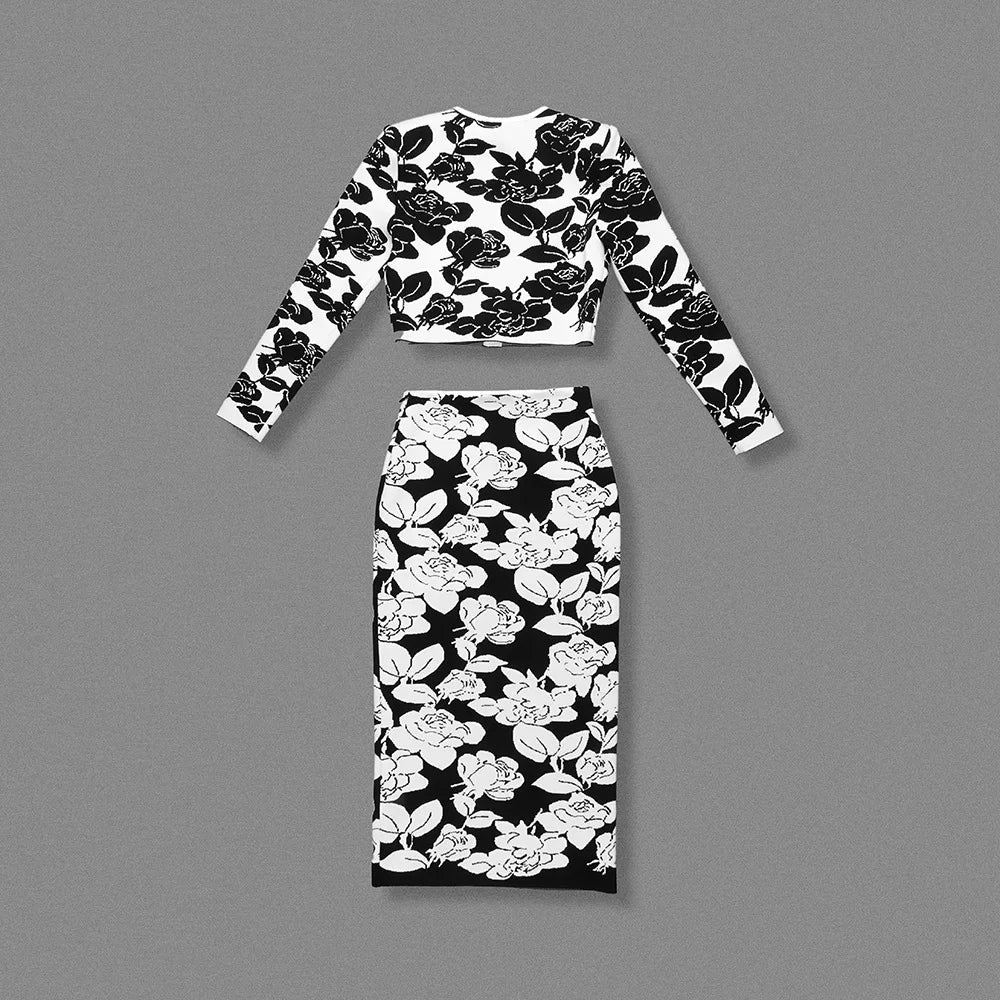 TWOTWINSTYLE Hit Color Printing Two Piece Sets for Women Round Neck Long Sleeve Patchwork Button Top High Waist Skirt Set Female