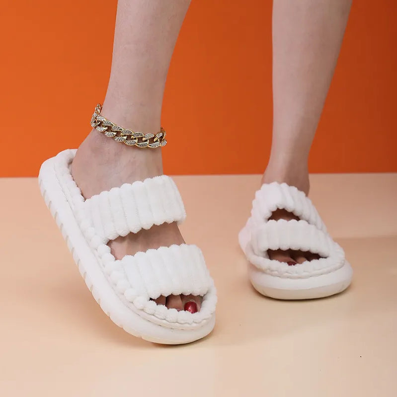 Autumn Winter Women Home Slippers Open-Toe Cross Band Linen Soled Indoor Slides Linen Soled Non-Slip Bathroom Slippers white-2