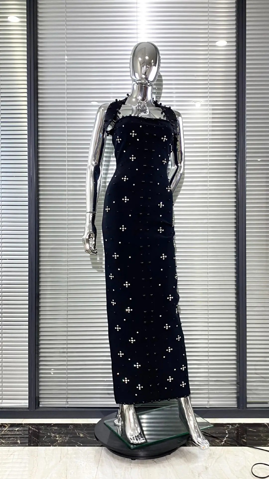 High Quality Women Sexy Halter Off the Shoulder Beading Rhinestones Bodycon Long Bandage Dress Evening Party Cocktail Vestido