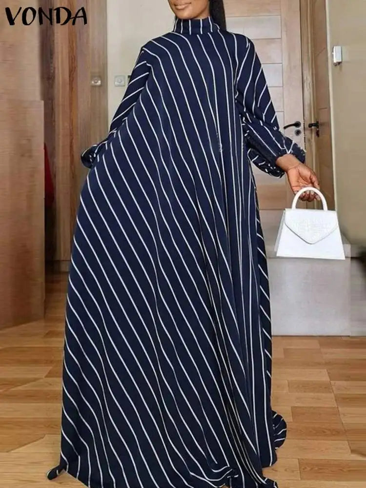 Plus Size 5XL Elegant Striped Maxi Dress Women High Neck Elegant Long Sundress Long Puff Sleeve Printed Vestidos Dark Blue