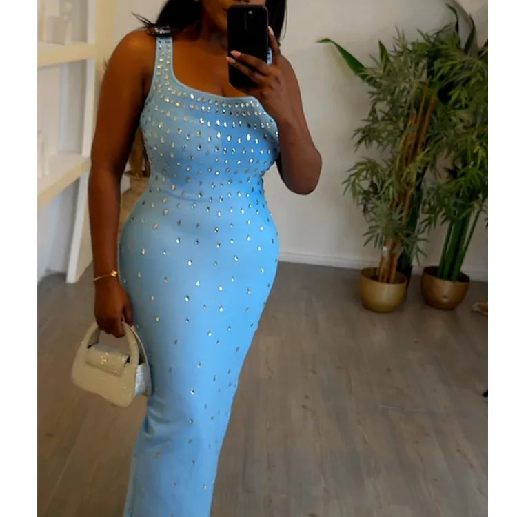 Women Celebrity Sexy Tank Studded Sky Blue Black Maxi Long Bodycon Bandage Dress 2024 Elegant Evening Club Party Outfit