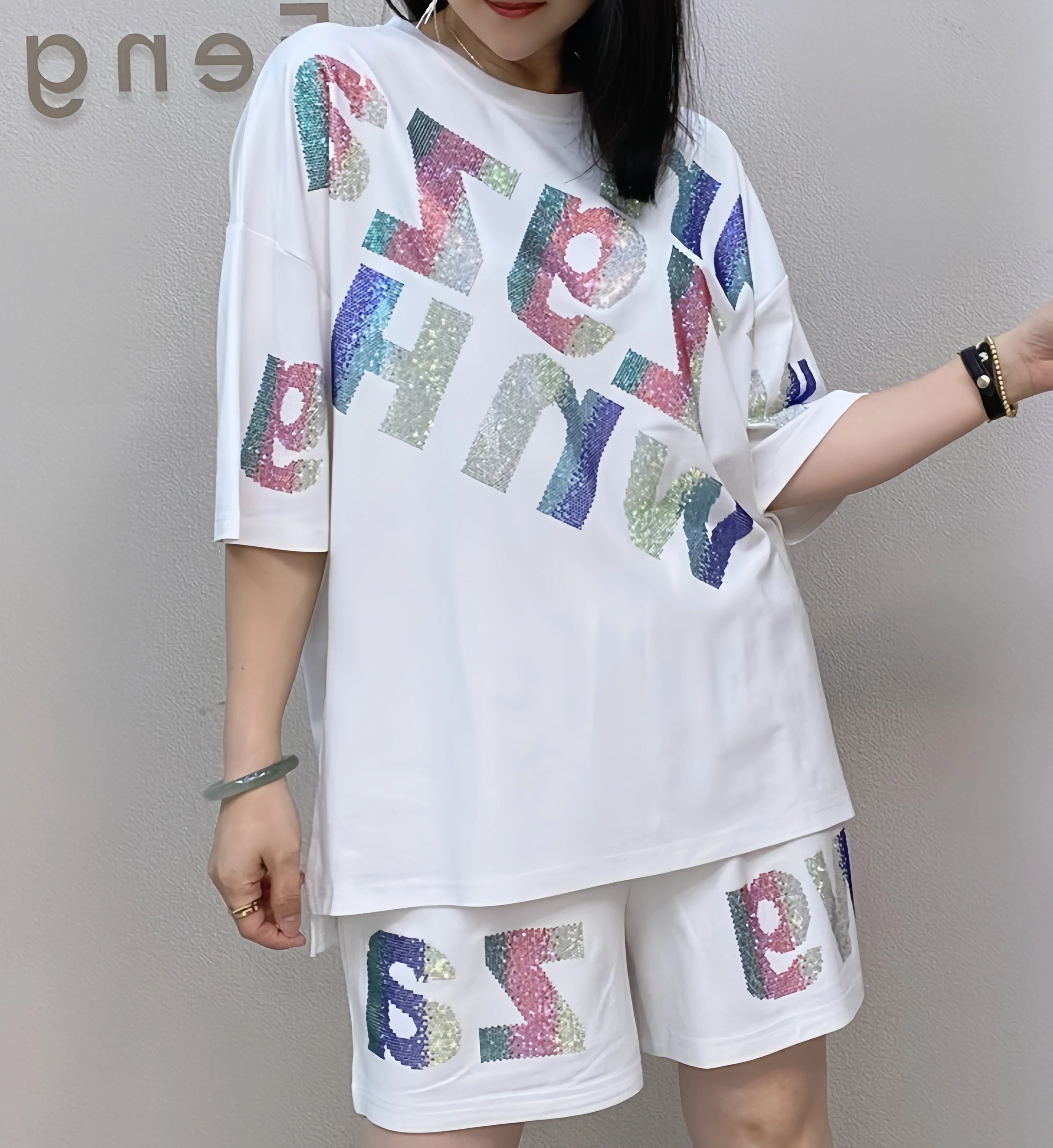 Oversized summer short-sleeved T-shirt and shorts casual set, Rhinestone wide-leg pants two-piece women's set