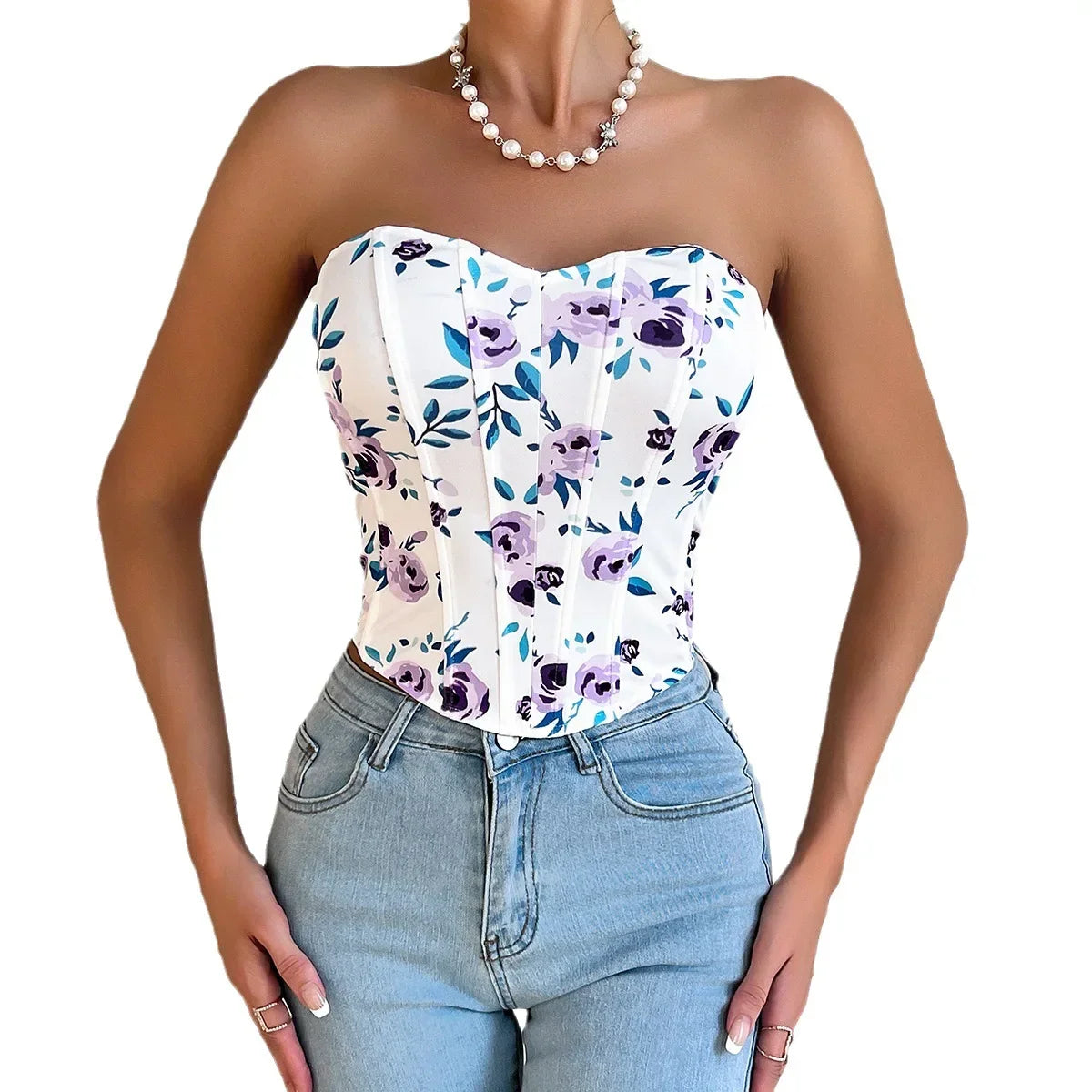 Women's Sexy Blended Camis Hot Sweet Print Solid Chest Wrap Elegant Irregulariity Floral Crop Top Holiday Single Breasted Tunics PURPLE