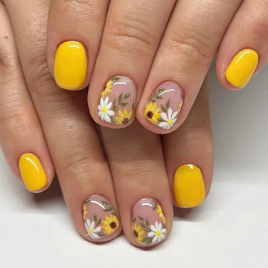 24Pcs Colorful French Press on Fake Nails with Glue Short Square Nail Art Tips Flower Design Wearable Full Cover False Nails