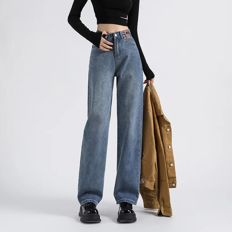 Women Jeans Denim Straight Wide Leg Pants for High Waisted Mop Trousers Brand