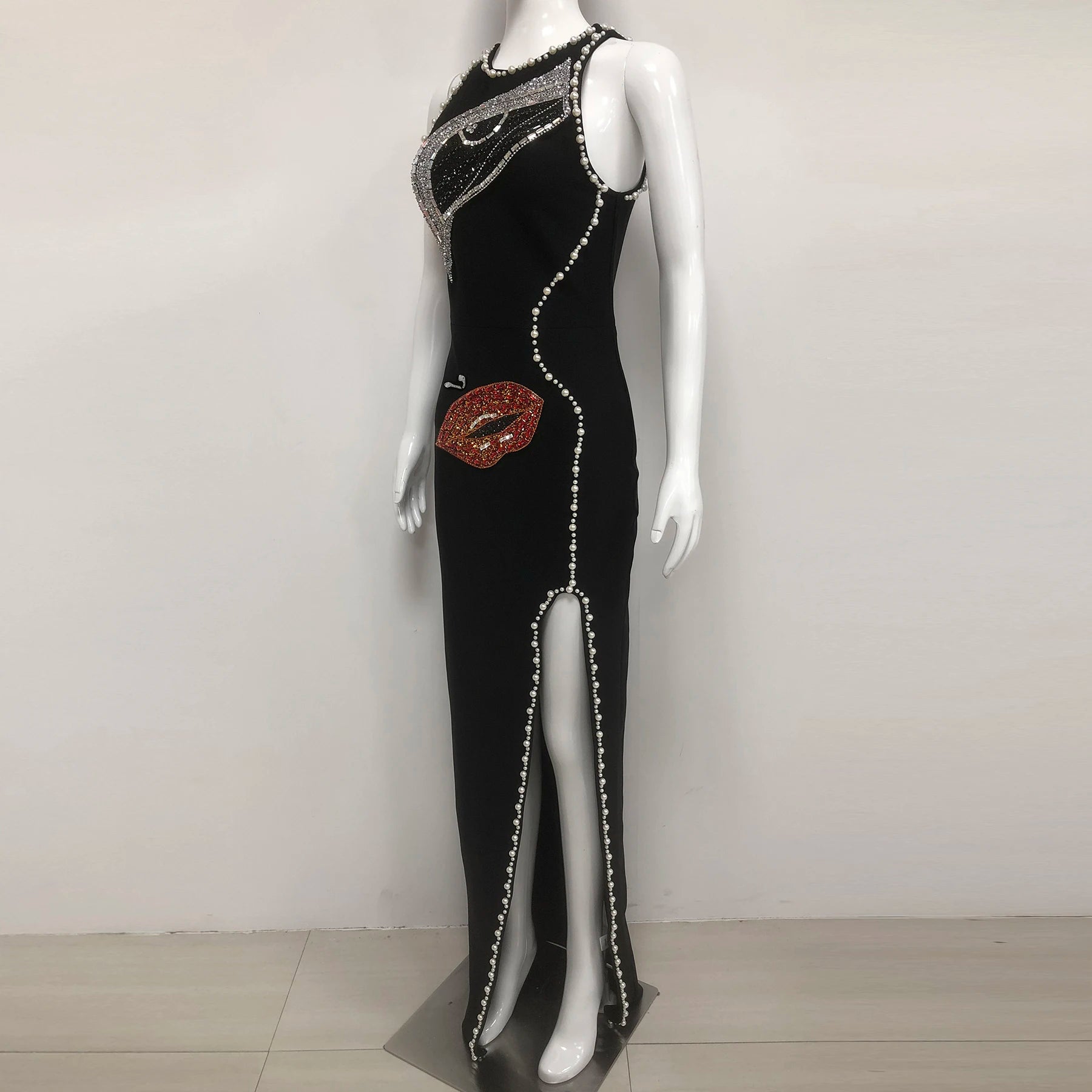 Big Eyes And Red Lips Patterned Diamonds High Slit Black Long Dress Woman Birthday Party Vestido  Celebrity Party Outfit