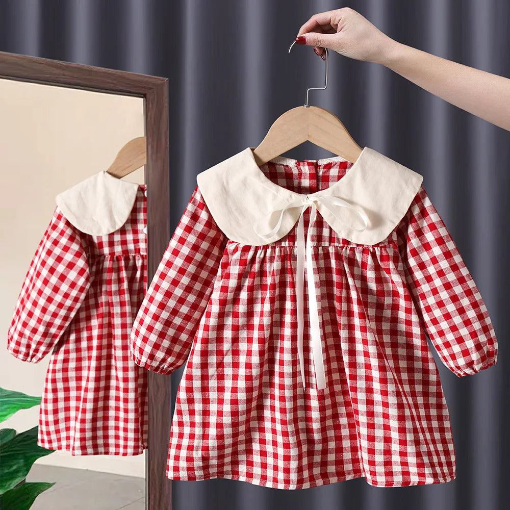 Baby Girls Floral Princess Dress Spring Autumn Korean Style Long Sleeve Big Turn Down Collar Kids Girl Dresses Summer 2024 New Dress H