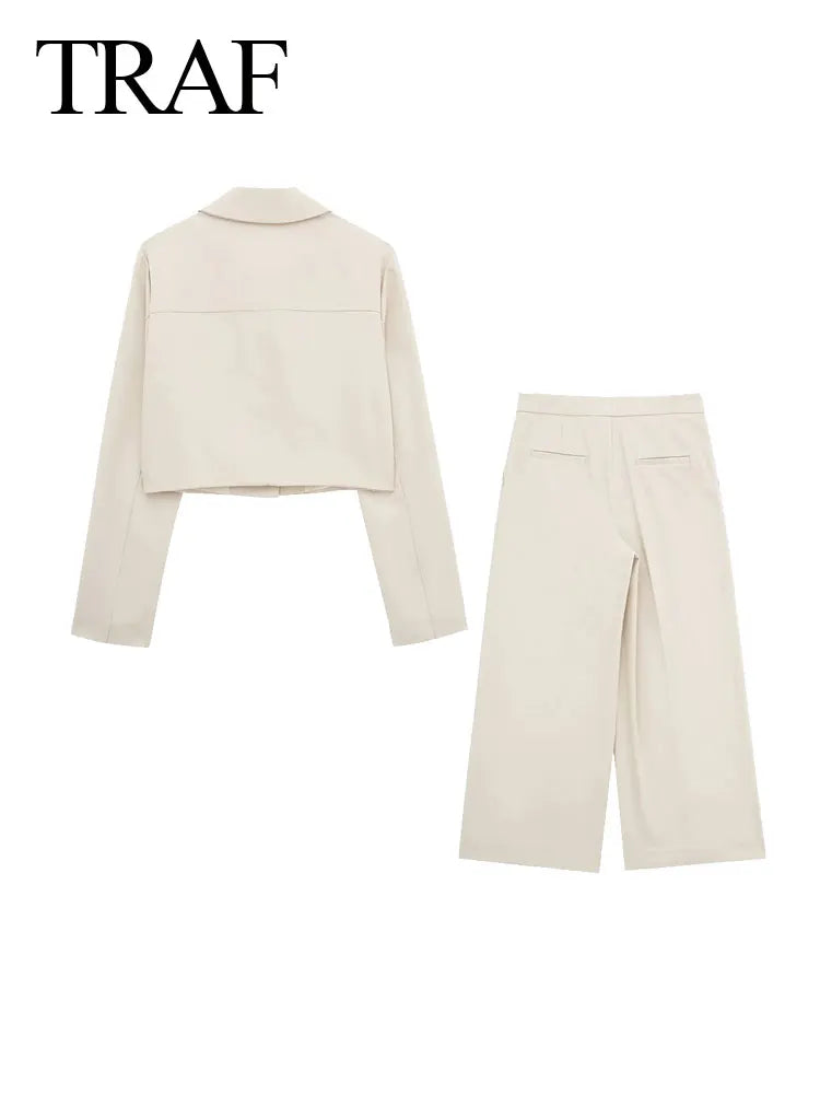 TRAF Spring Women's Fashion Beige Blazer Suit Single Breasted Jacket Women's High Waist Casual Baggy Pants 2-piece Set