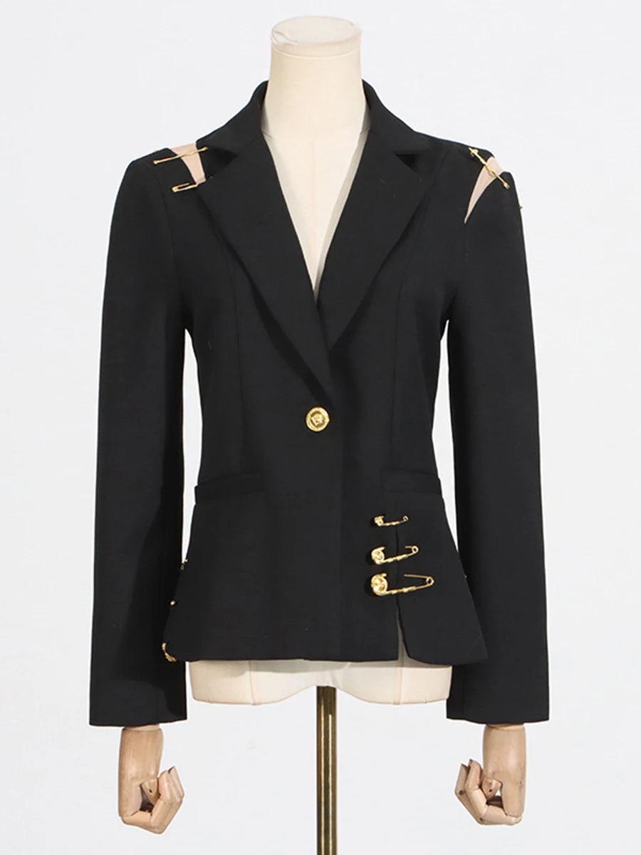 TWOTWINSTYLE Slimming Spliced Paper Clip Elegant Jackets for Women Lapel Long Sleeves Patchwork Button Jacket Female Fashion New