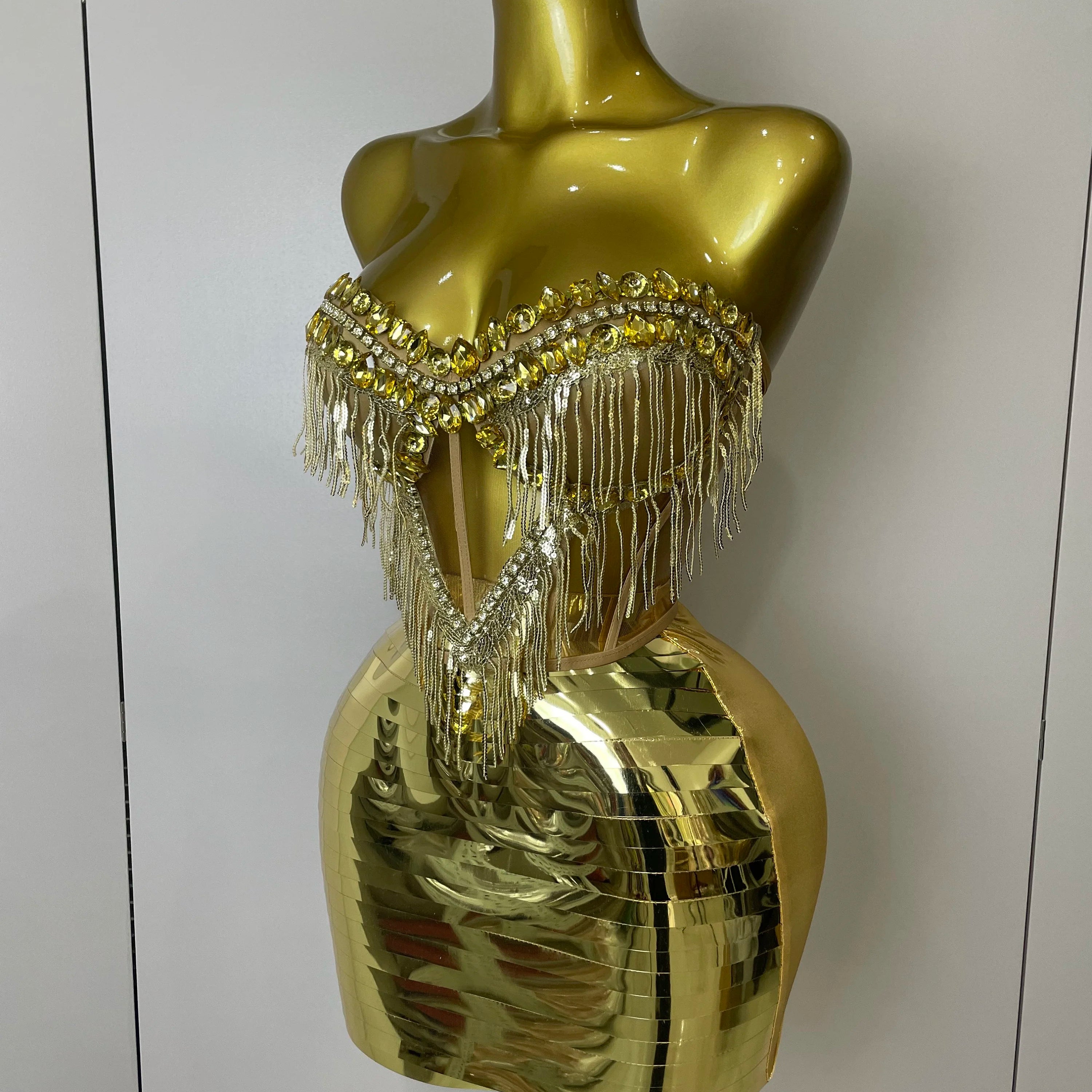 Sparkly Gold Rhinstones tassels Top Skirt Two-piec Set 2025 Women Sexy Strapless Designer Nightclub Evening Party Stage Outfit