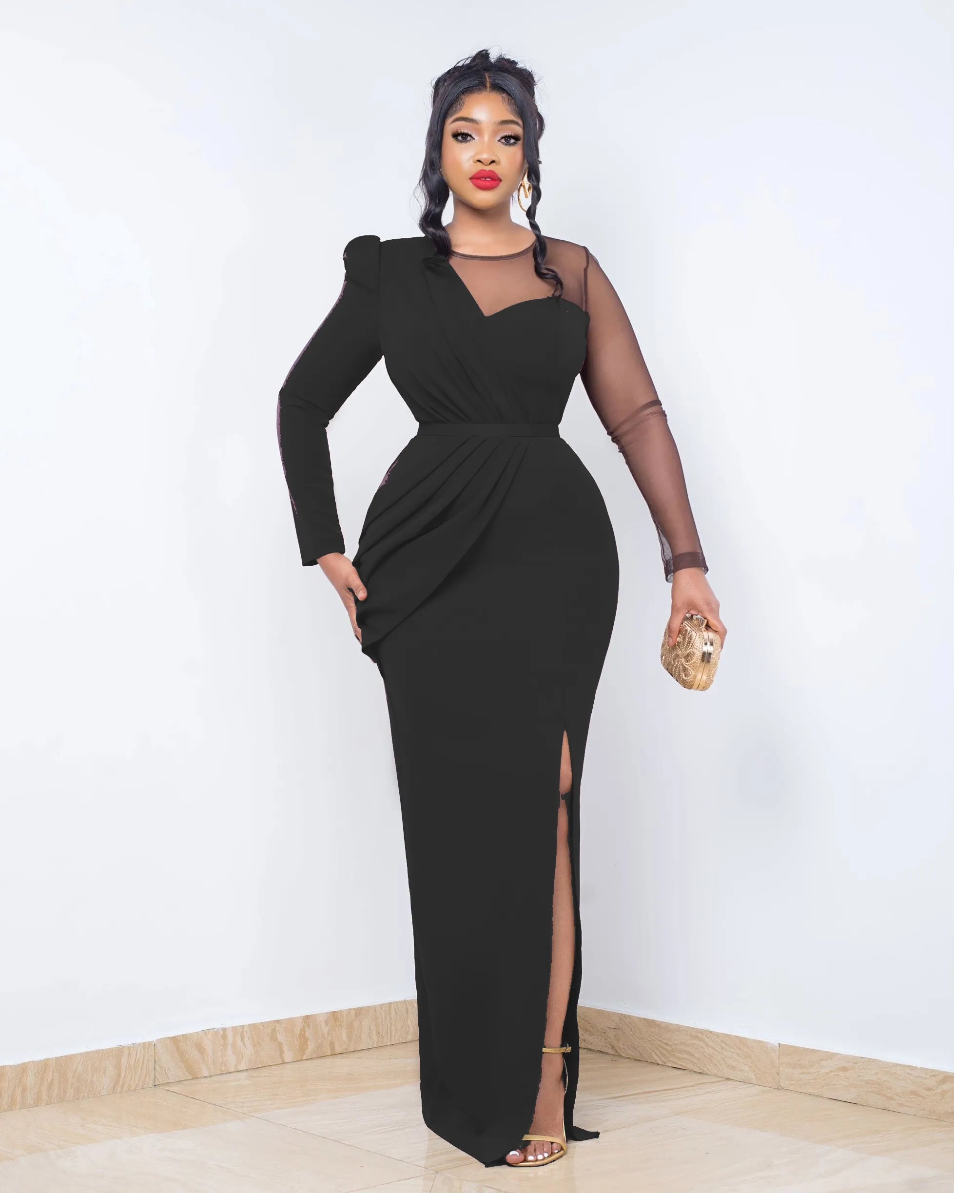 Spring Sexy Elegant Mesh Party Dress Women Fashion OL Slim Mesh Long Sleeve Splice Long Wedding Evening Dress Women black