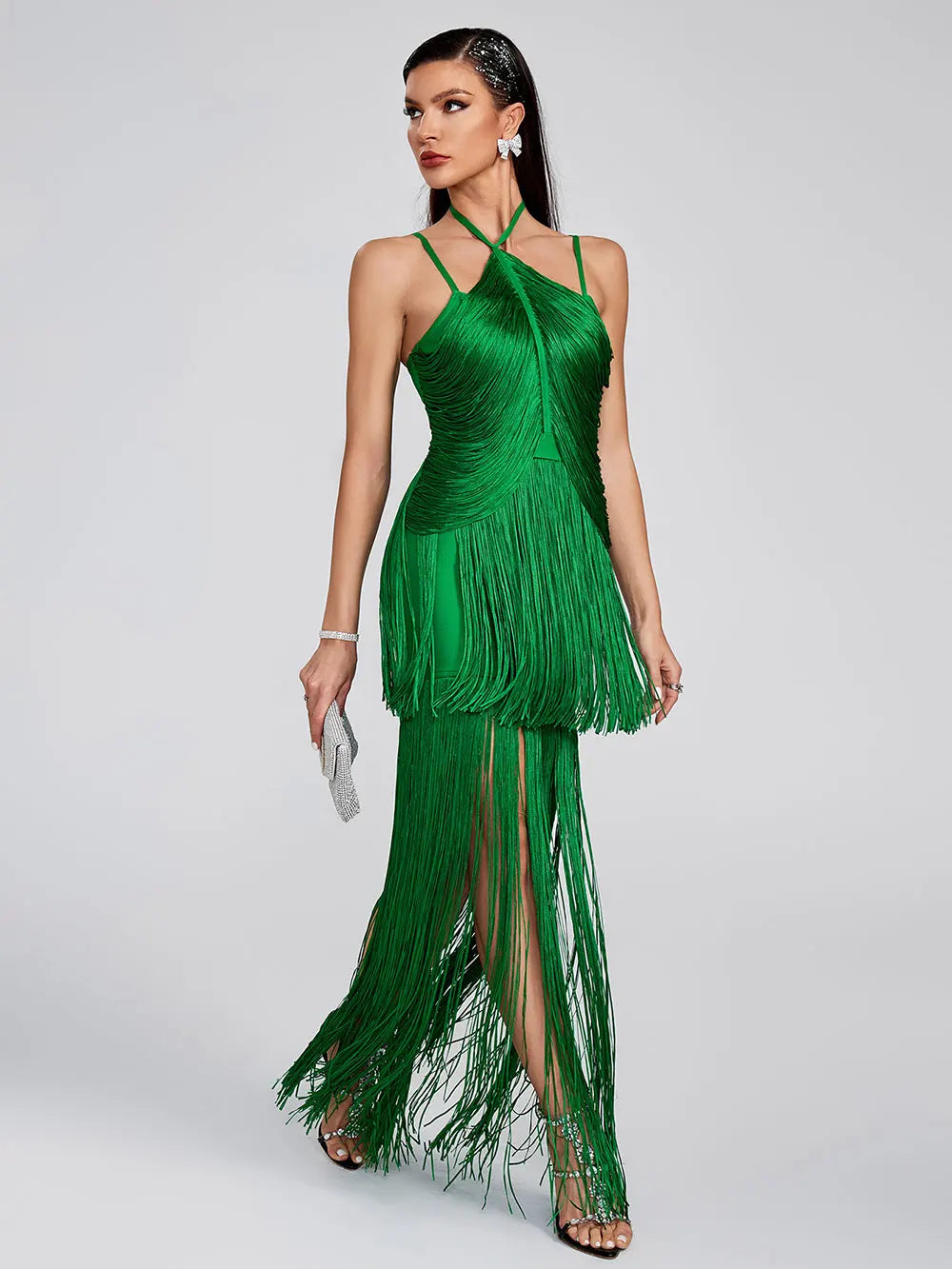 2025 Women Tassel Design Bandage Long Dress Hanging Neck Sleeveless Bodycon Backless Dress Celebrity Evening Club Party Vestidos