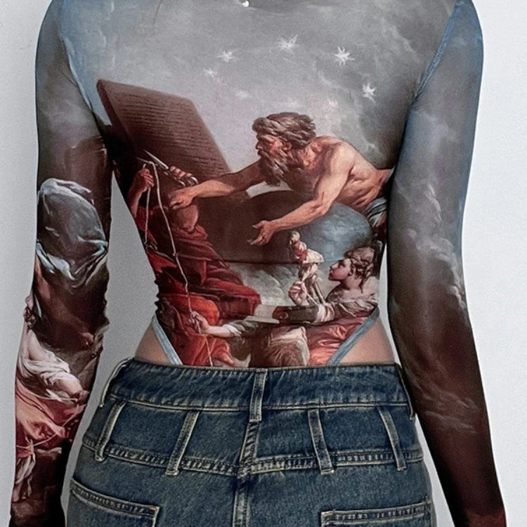 Vintage Print Sexy Bodysuit Lingerie See Through Gauze Lenceria Tranparente Long Sleeve Body Feminino Square Collar Bustier Tops