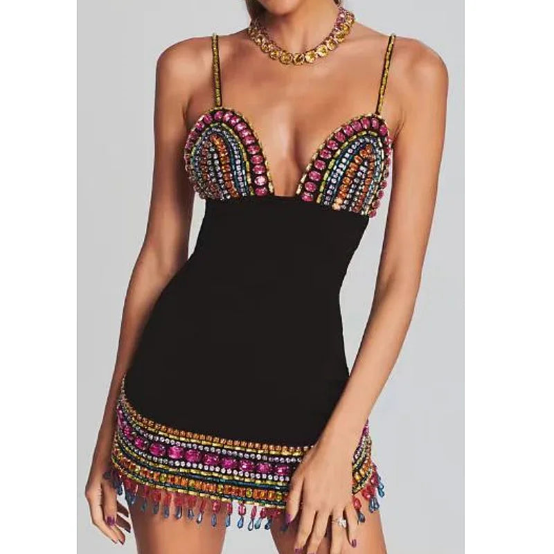 STOCK Colorful Diamonds Sexy V-Neck Spaghetti Strap Mini Bandage Dress Fashion Woman Evening Dress Holiday Vocation Vestido